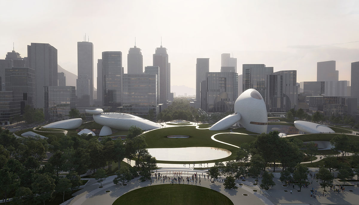 MAD designs Shenzhen Bay Culture Park with climbable, monumental stone-looking pavilions