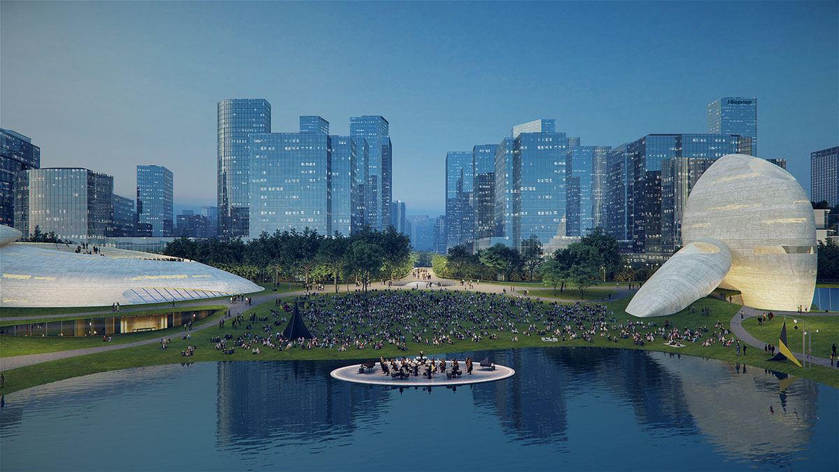 MAD designs Shenzhen Bay Culture Park with climbable, monumental stone-looking pavilions