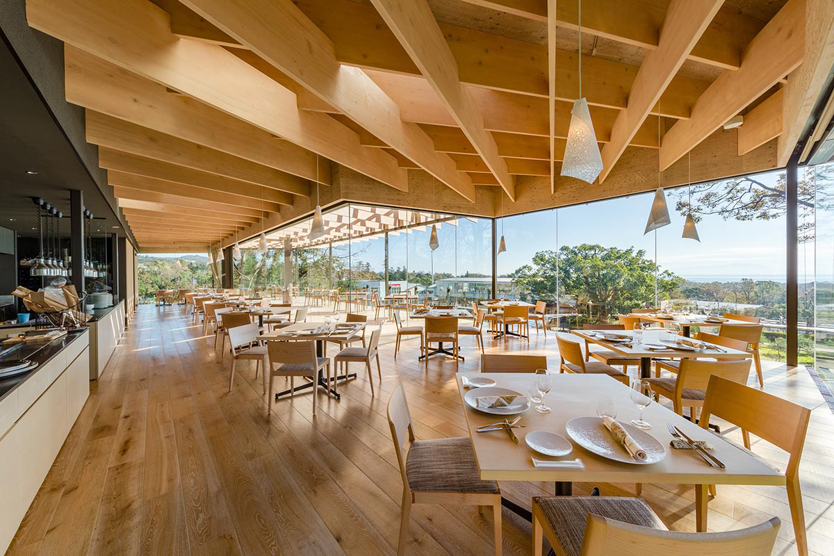 Kengo Kuma built restaurant that features striking roof with interlocking cypress-wood planks