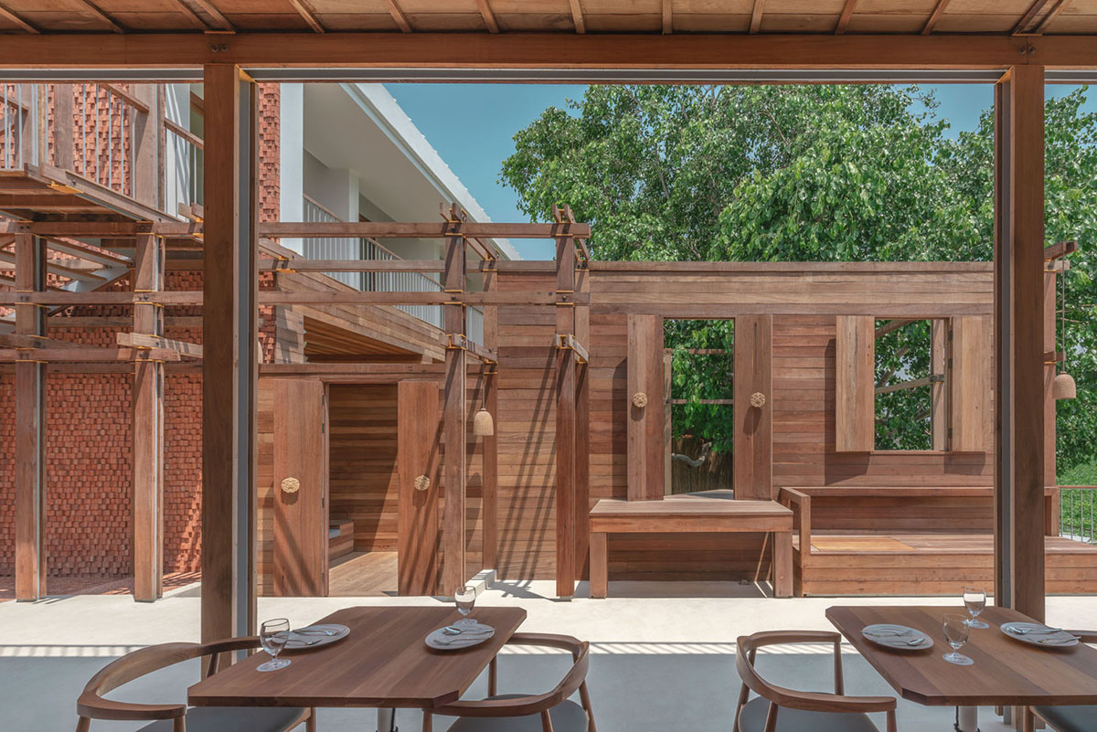 onion designs hotel and restaurant with handmade orange bricks in Thailand