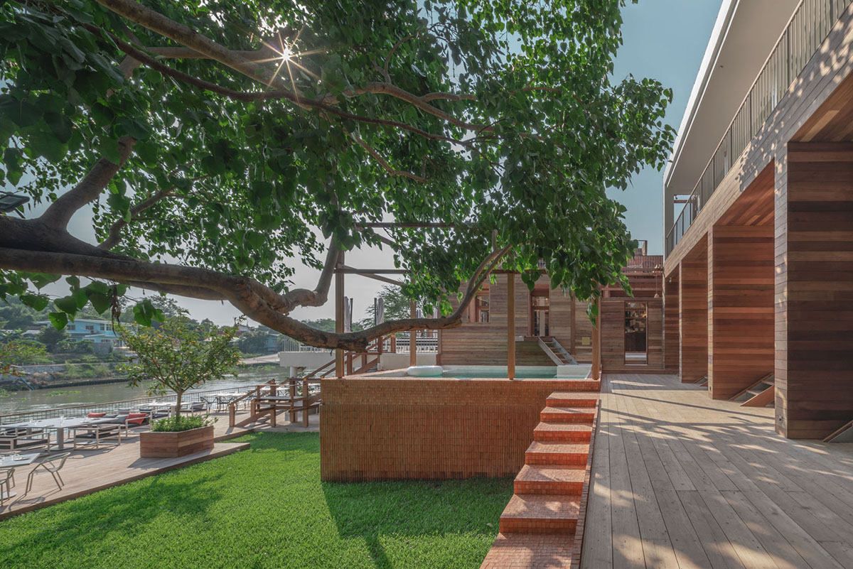 onion designs hotel and restaurant with handmade orange bricks in Thailand