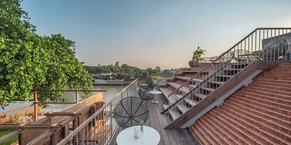 onion designs hotel and restaurant with handmade orange bricks in Thailand