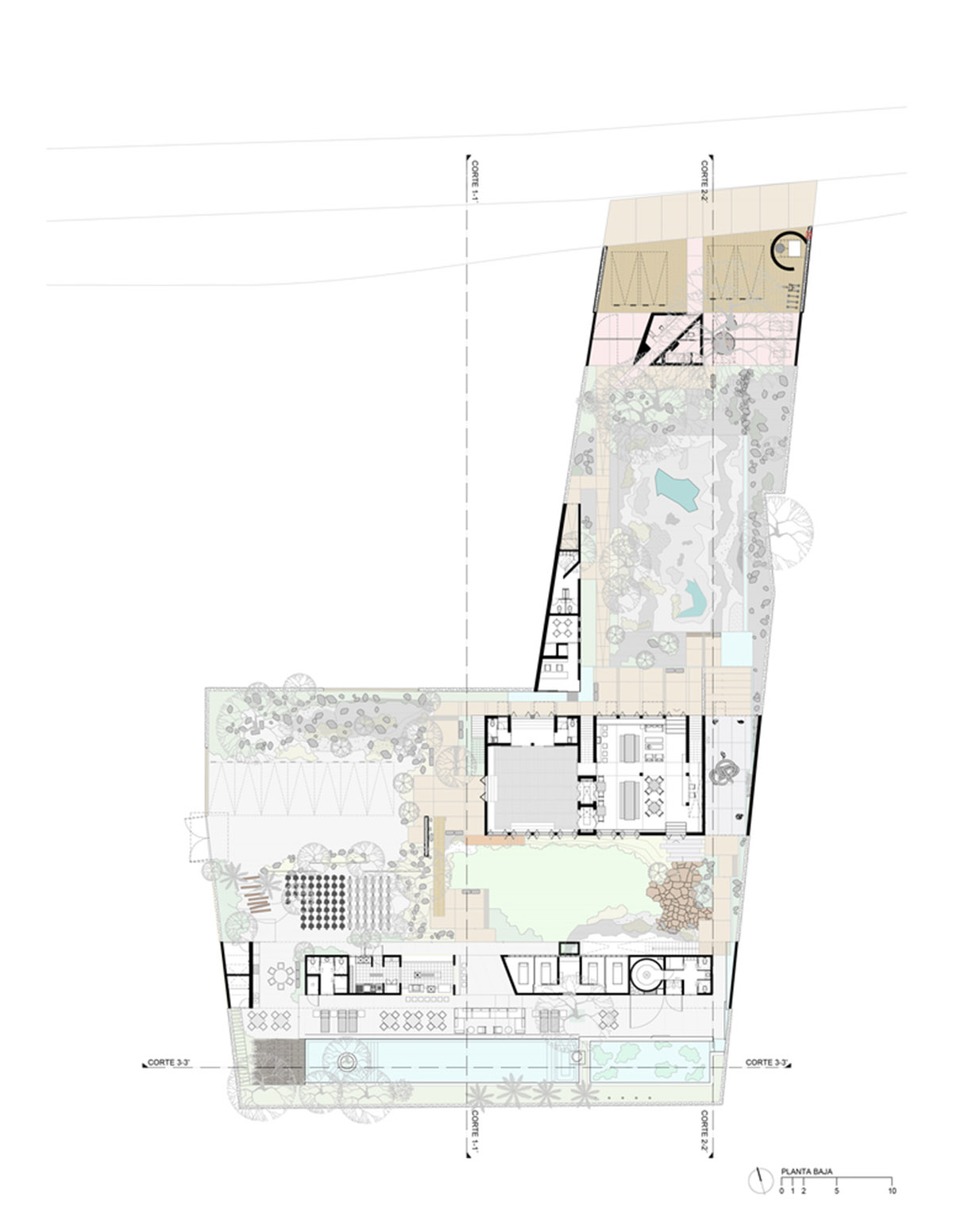 This gridded hotel made from pigmented concrete and volcanic stone sits on rugged terrain in Mexico