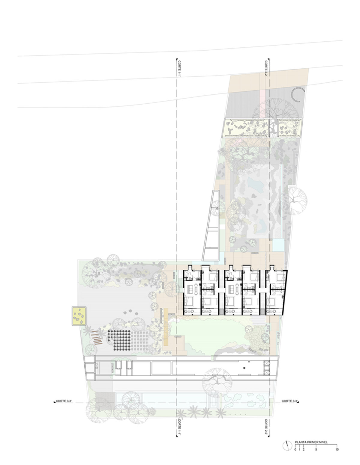 This gridded hotel made from pigmented concrete and volcanic stone sits on rugged terrain in Mexico