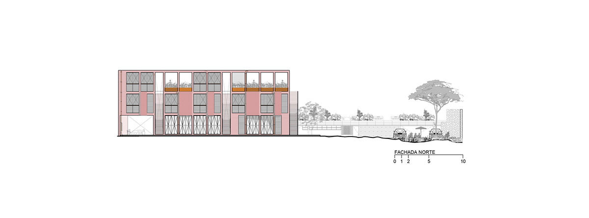 This gridded hotel made from pigmented concrete and volcanic stone sits on rugged terrain in Mexico