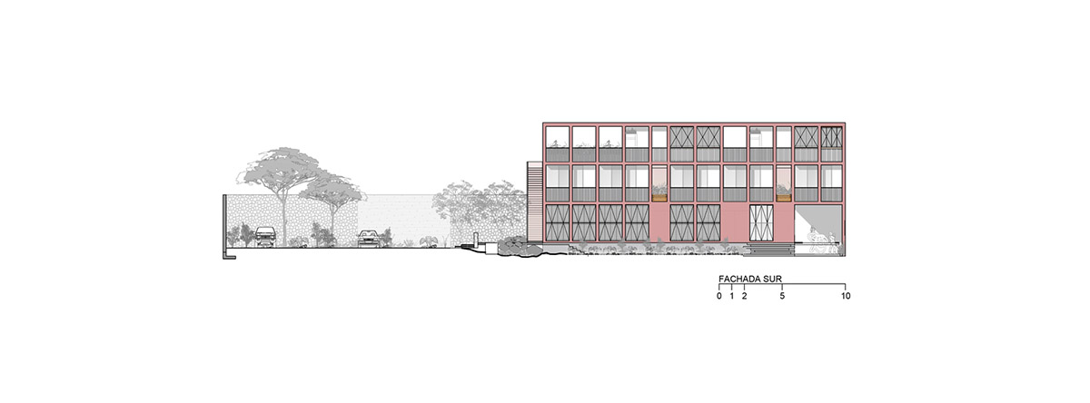 This gridded hotel made from pigmented concrete and volcanic stone sits on rugged terrain in Mexico