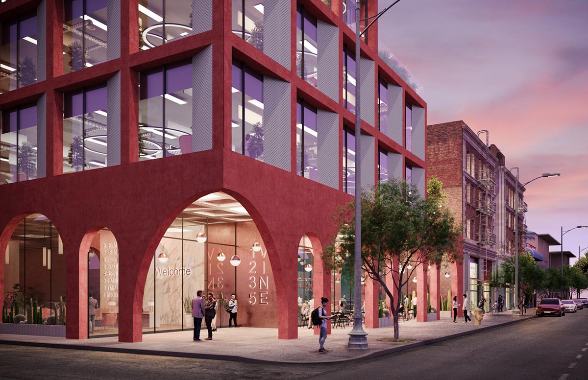 Pinkish arched colonnade and frames will mark Hawkins\Brown's new mixed-use tower in Hollywood