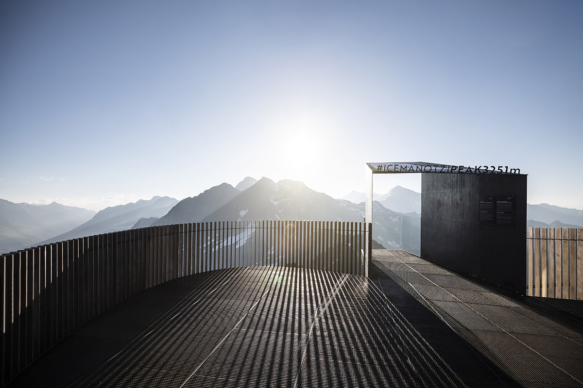 noa* network of architecture built corten steel viewing platform on the Schnals Valley Glacier ridge