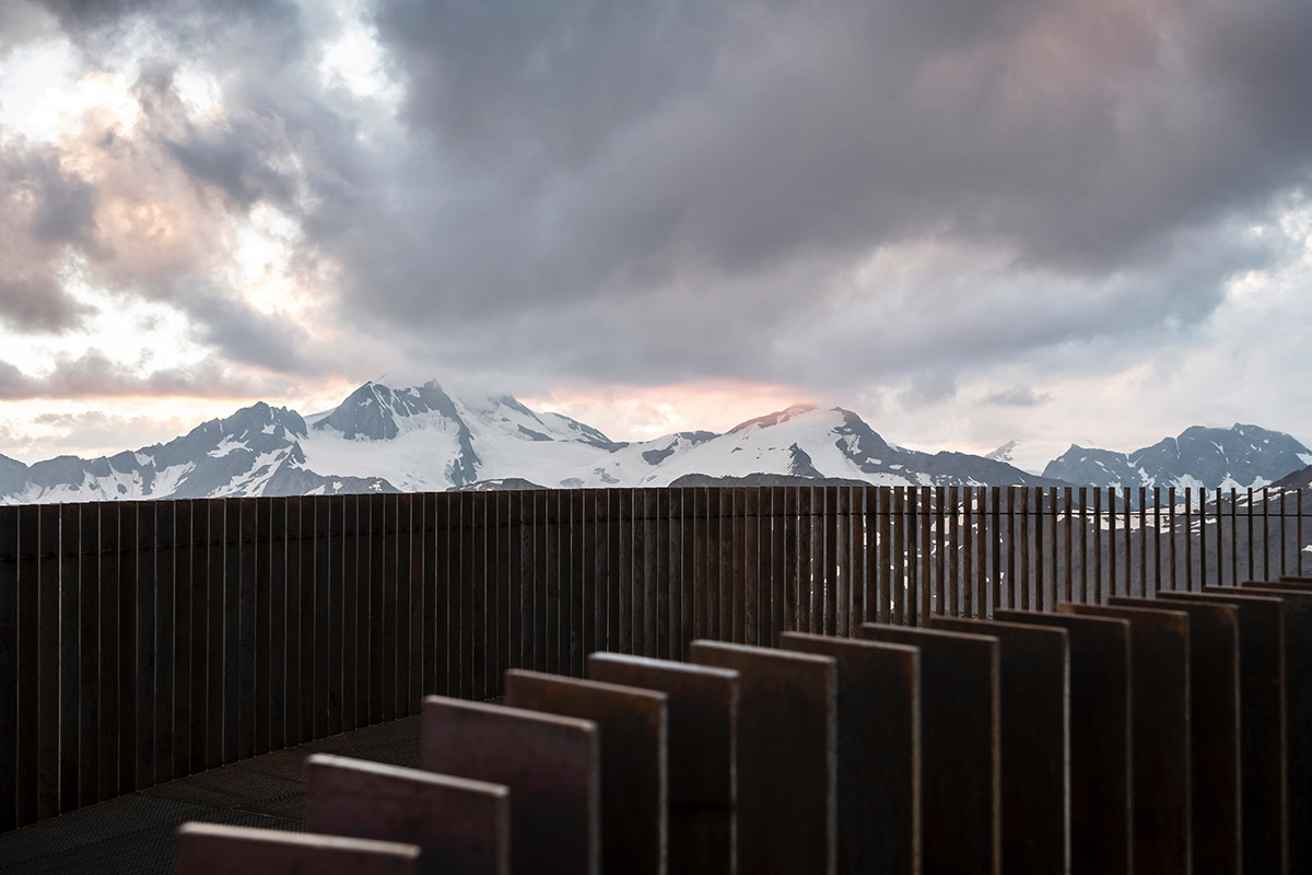 noa* network of architecture built corten steel viewing platform on the Schnals Valley Glacier ridge