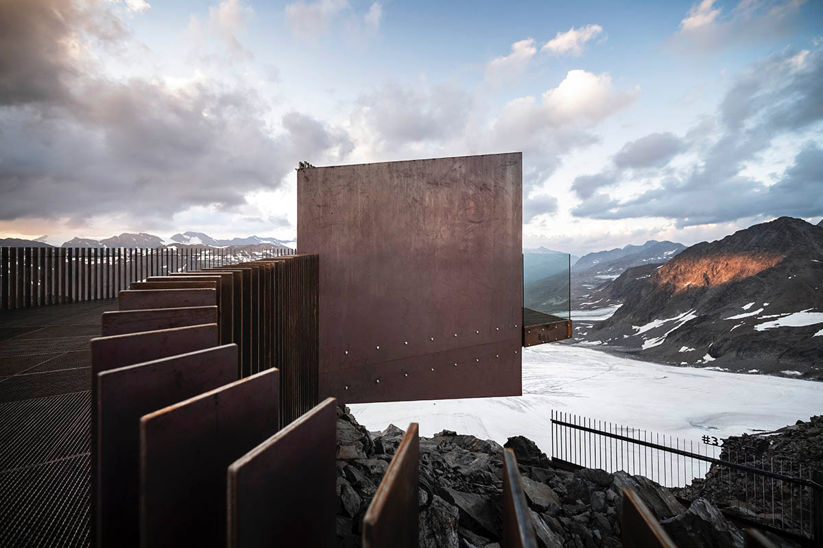 noa* network of architecture built corten steel viewing platform on the Schnals Valley Glacier ridge
