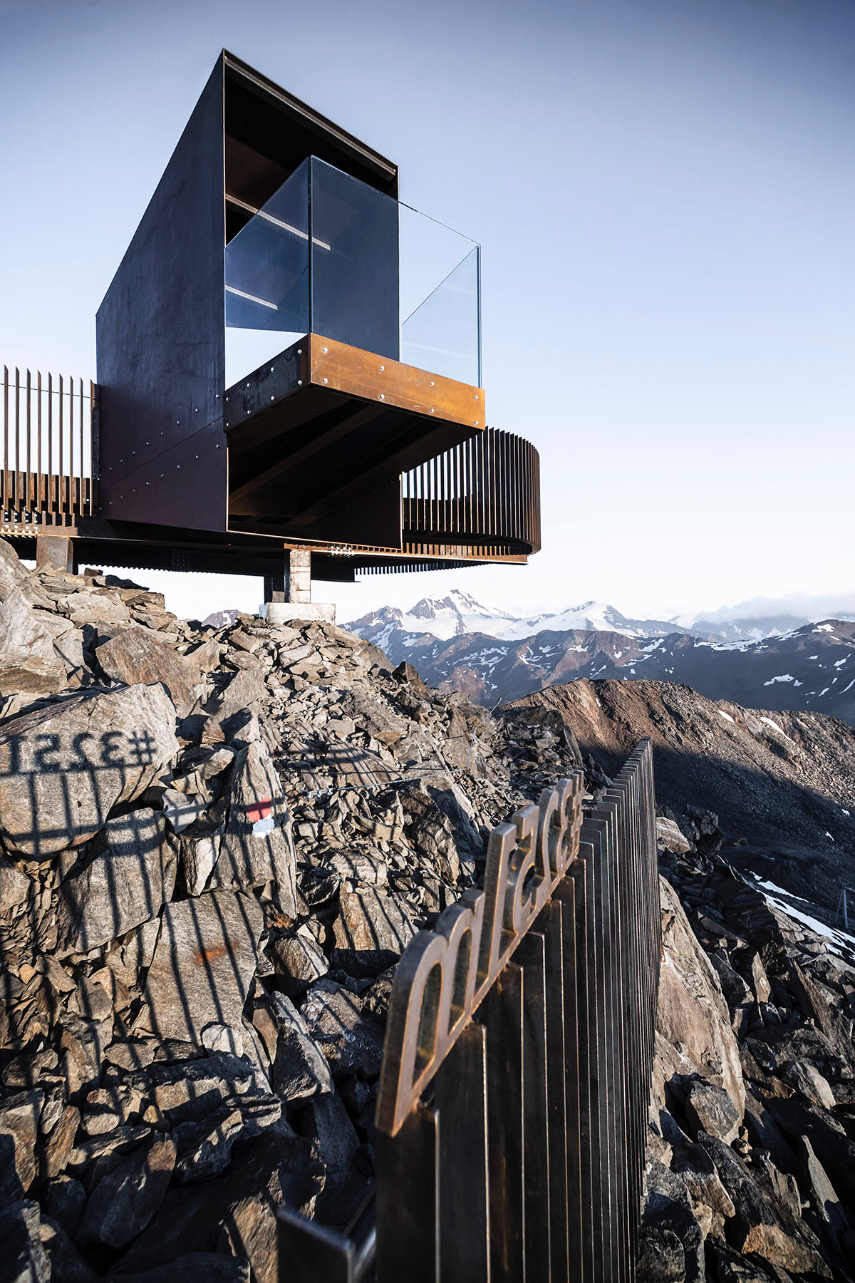 noa* network of architecture built corten steel viewing platform on the Schnals Valley Glacier ridge