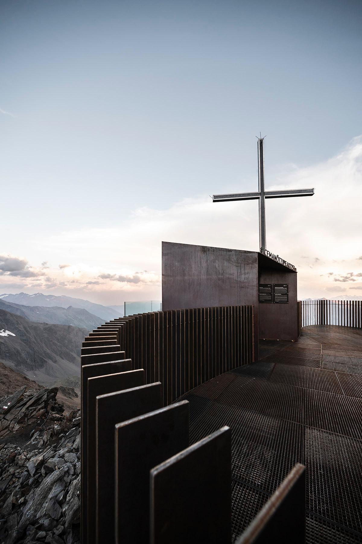 noa* network of architecture built corten steel viewing platform on the Schnals Valley Glacier ridge