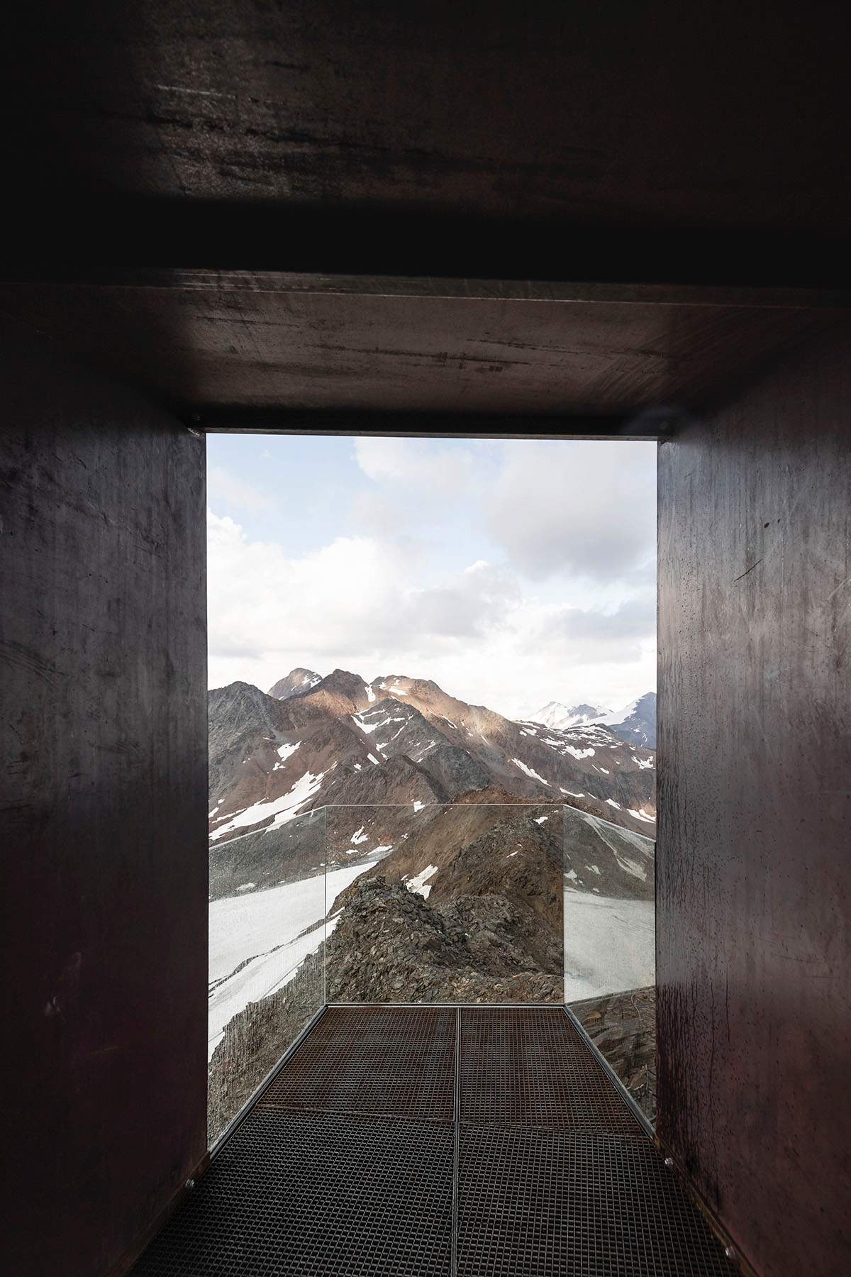noa* network of architecture built corten steel viewing platform on the Schnals Valley Glacier ridge