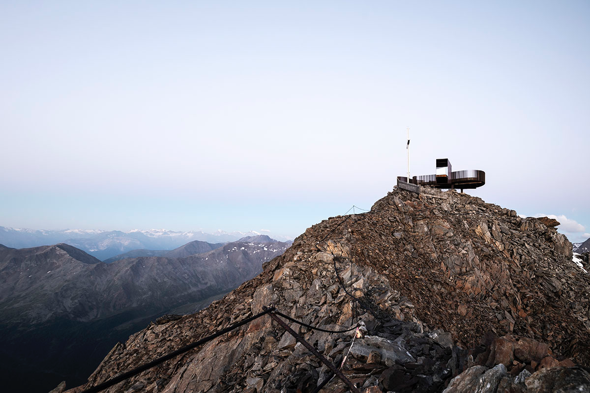 noa* network of architecture built corten steel viewing platform on the Schnals Valley Glacier ridge