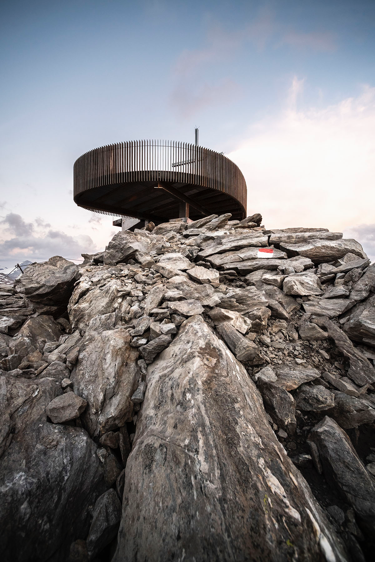 noa* network of architecture built corten steel viewing platform on the Schnals Valley Glacier ridge
