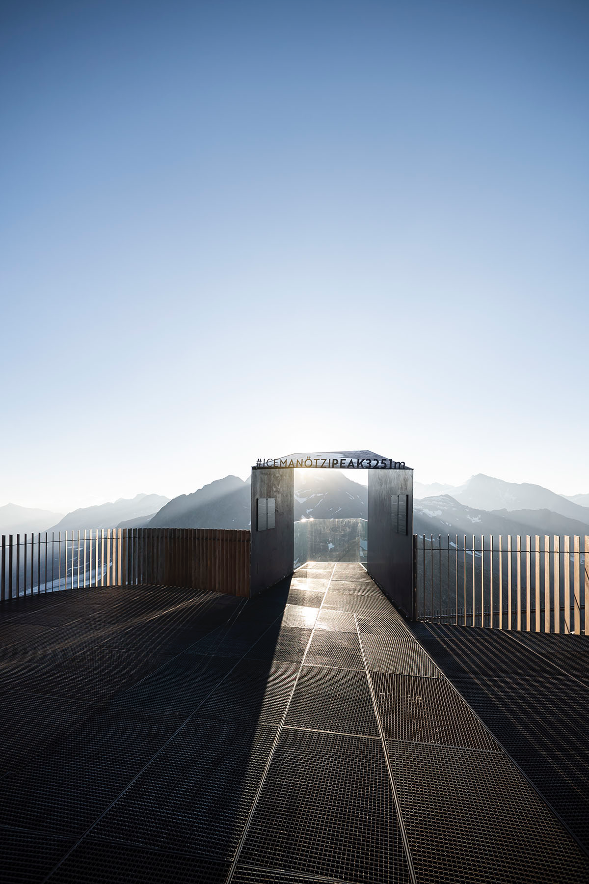noa* network of architecture built corten steel viewing platform on the Schnals Valley Glacier ridge