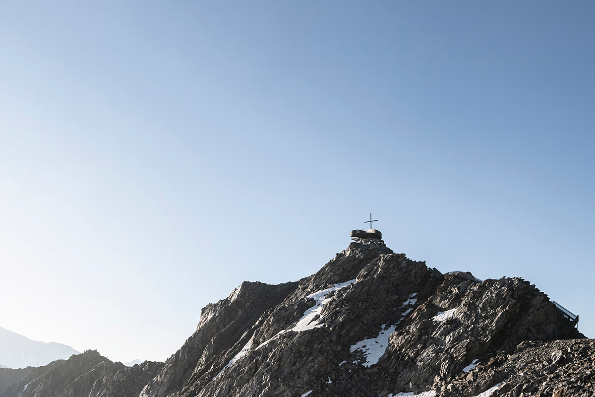 noa* network of architecture built corten steel viewing platform on the Schnals Valley Glacier ridge
