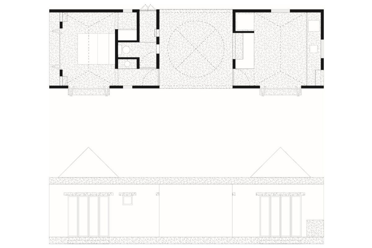 PALMA's small bungalow combines two functions with thatched roofs and a central patio in Mexico