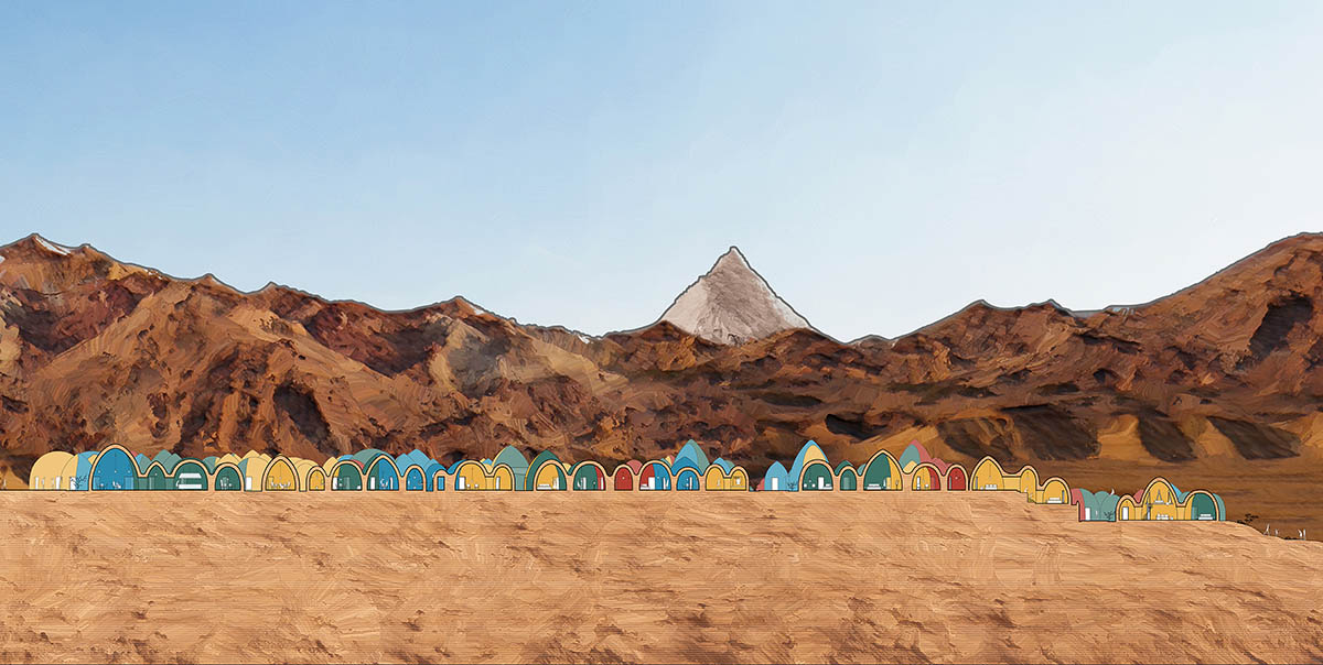 ZAV Architects built colorful-domed housing made of rammed earth and sand on Hormuz island, Iran