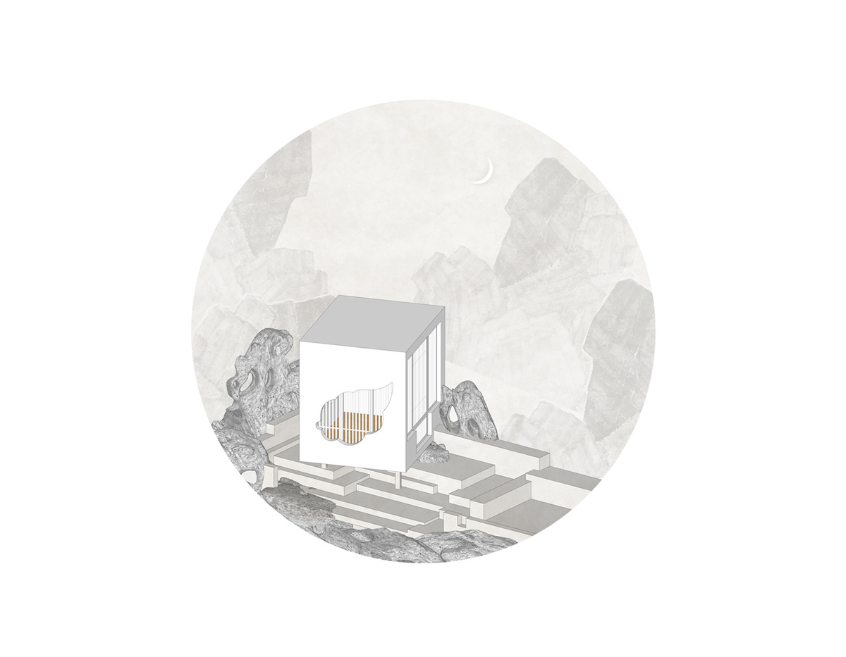 Jiejie studio wraps this tea room with a peach garden with rocky and forest landscape in Beijing