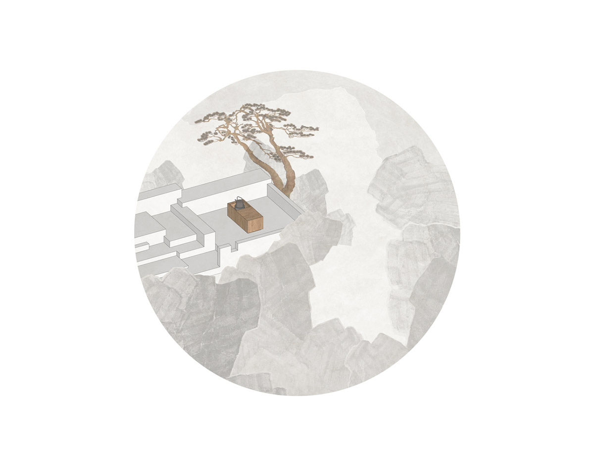 Jiejie studio wraps this tea room with a peach garden with rocky and forest landscape in Beijing