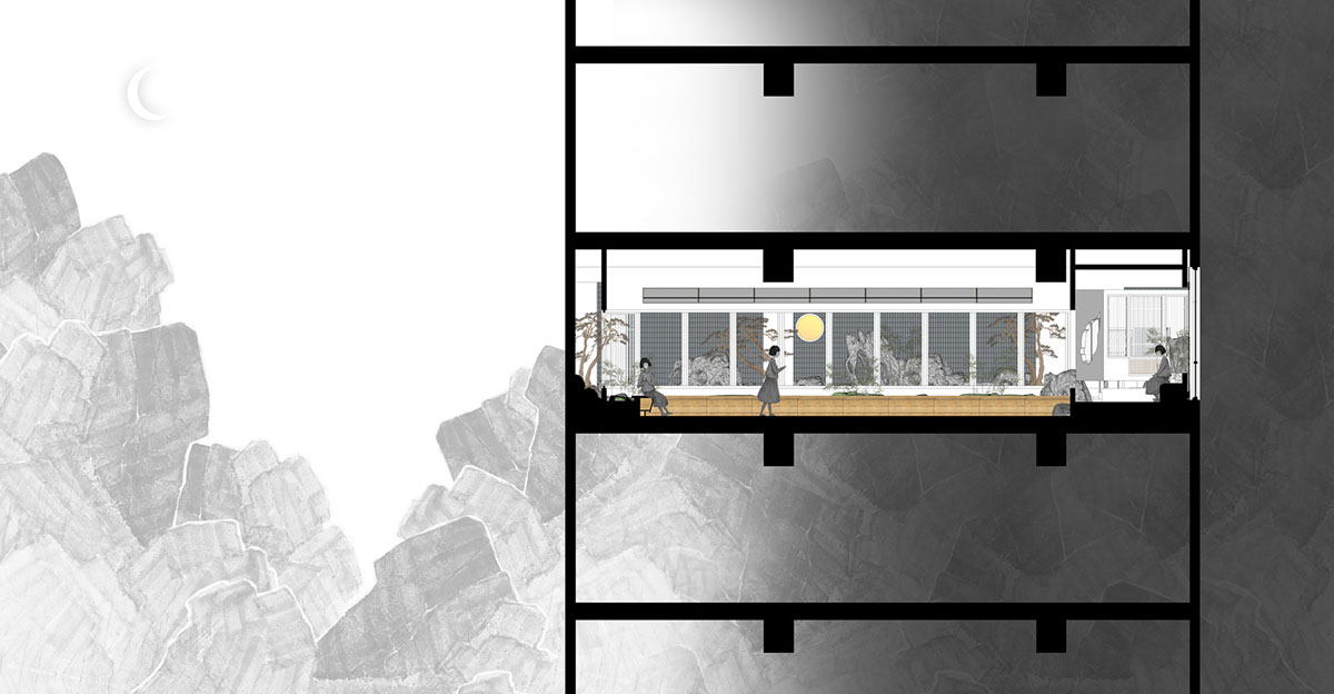 Jiejie studio wraps this tea room with a peach garden with rocky and forest landscape in Beijing