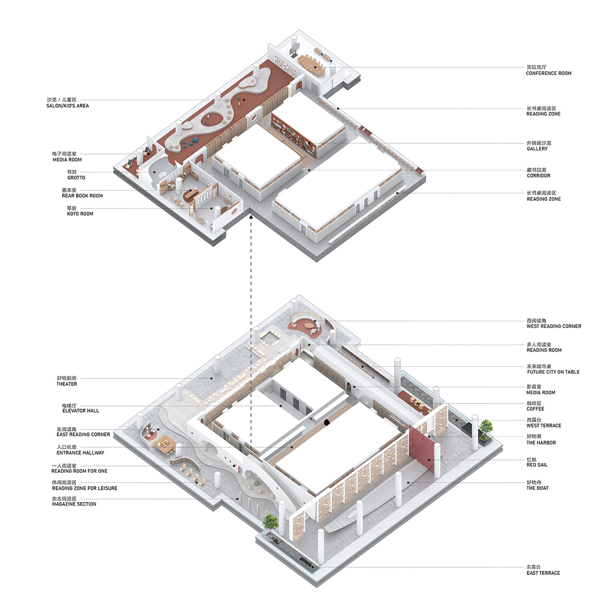 Wutopia Lab creates surprising interiors with cut-out forms in The Satori Harbor Library in Guangzhou