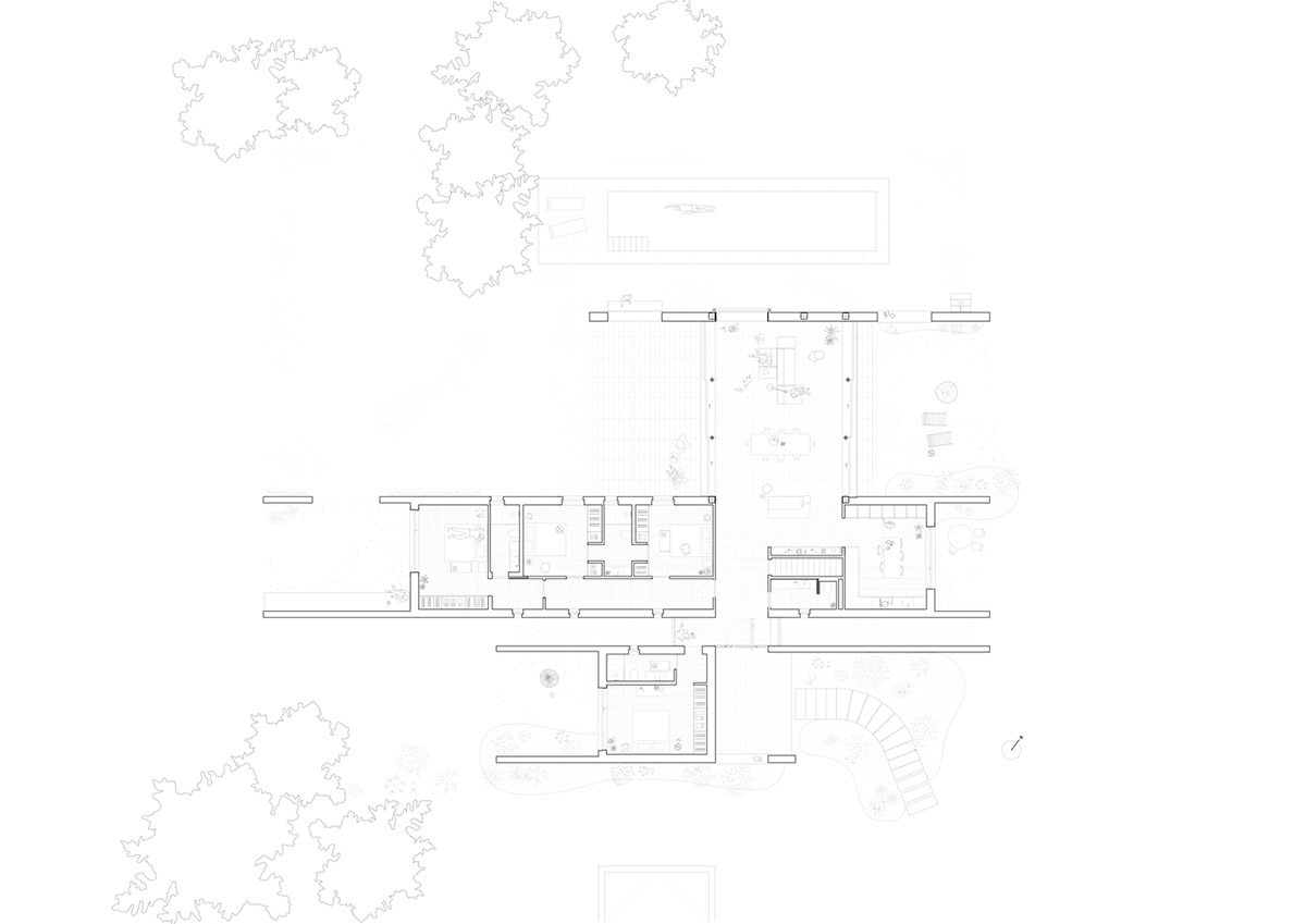 Large openings and reddish-colored façades mark this holiday home by Isla Architects in a rustic land