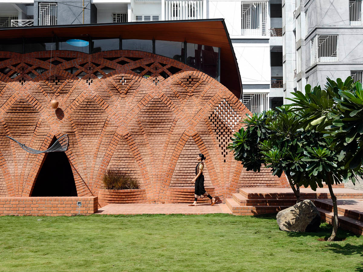 PMA madhushala's community center features undulating and artistic brick walls in Pune