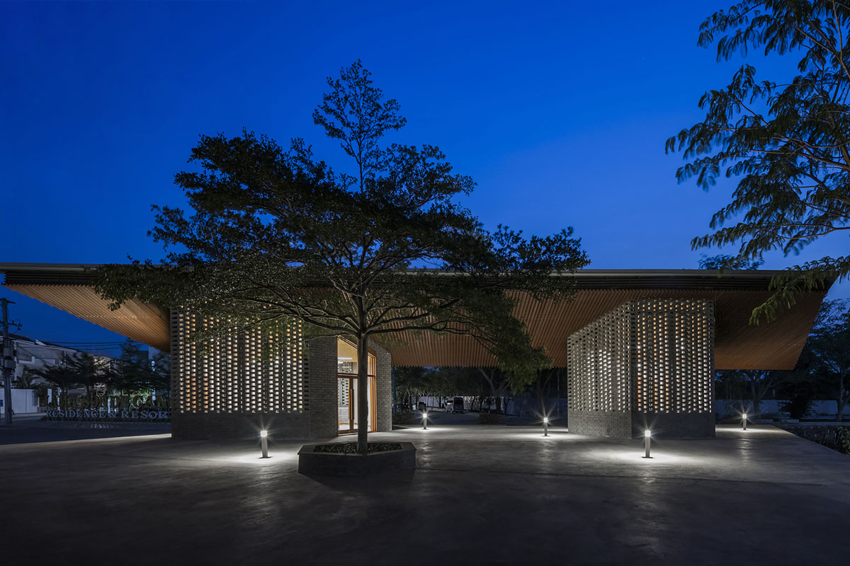 Hexagonal pavilions are hidden under V-shaped roofs that look like a ...