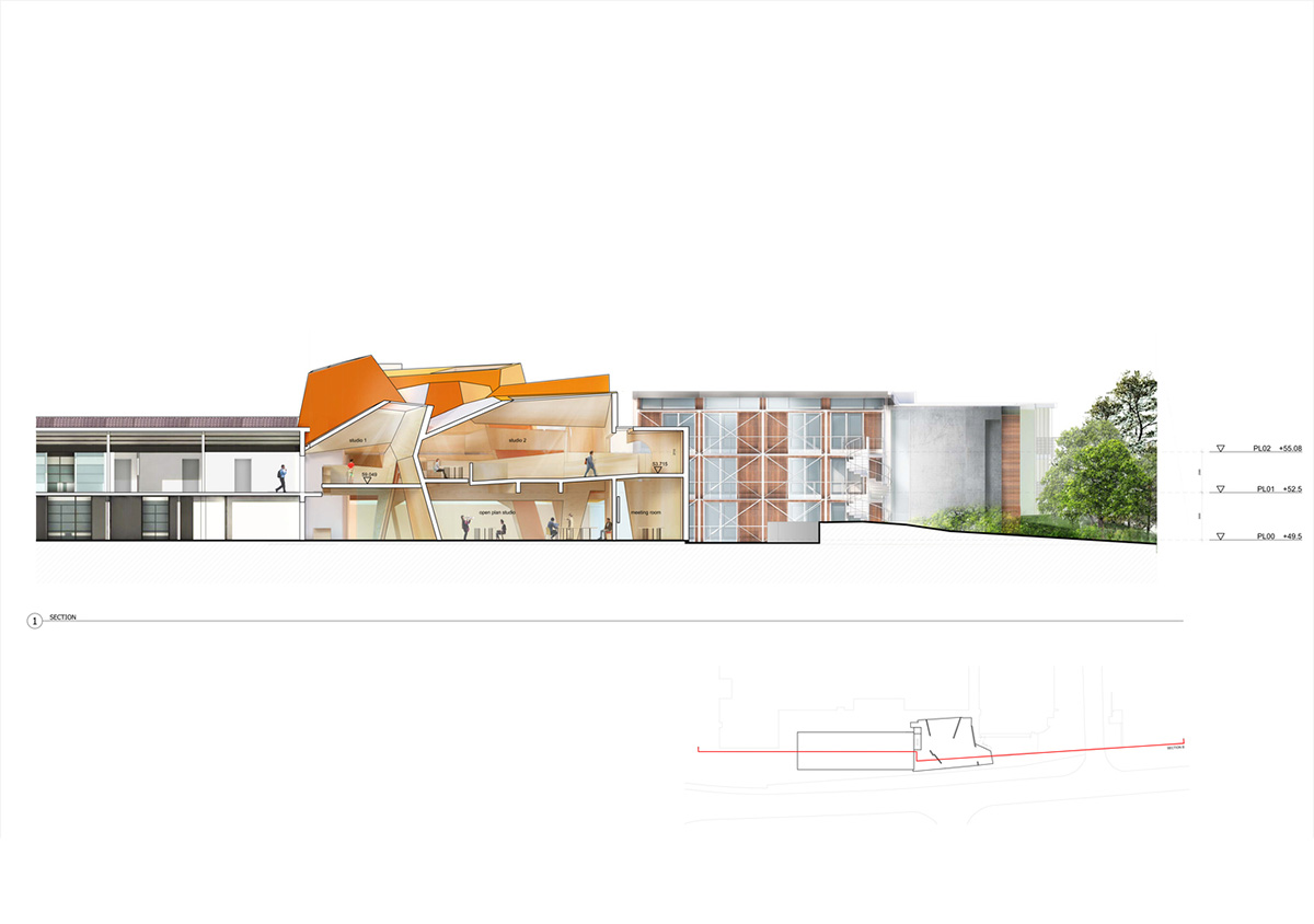 Construction begins on CRAB Studio's orange-colored Innovation Hub at Arts University Bournemouth