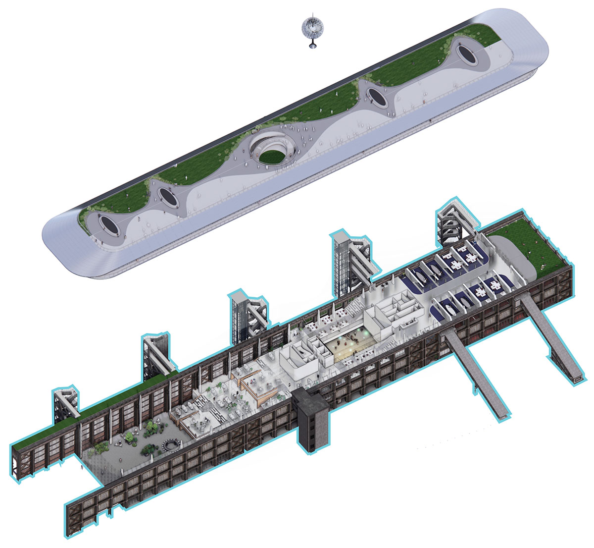 MAD unveils design to extend old cement factory warehouse with spaceship-like floating volume