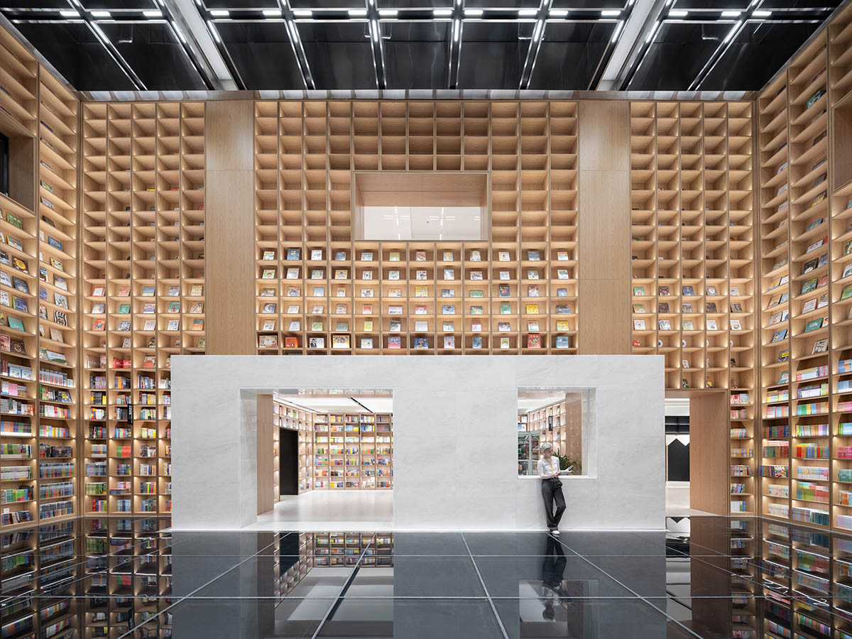 Shanghai Book City by Wutopia Lab clad in perforated metal panels giving a dazzling effect