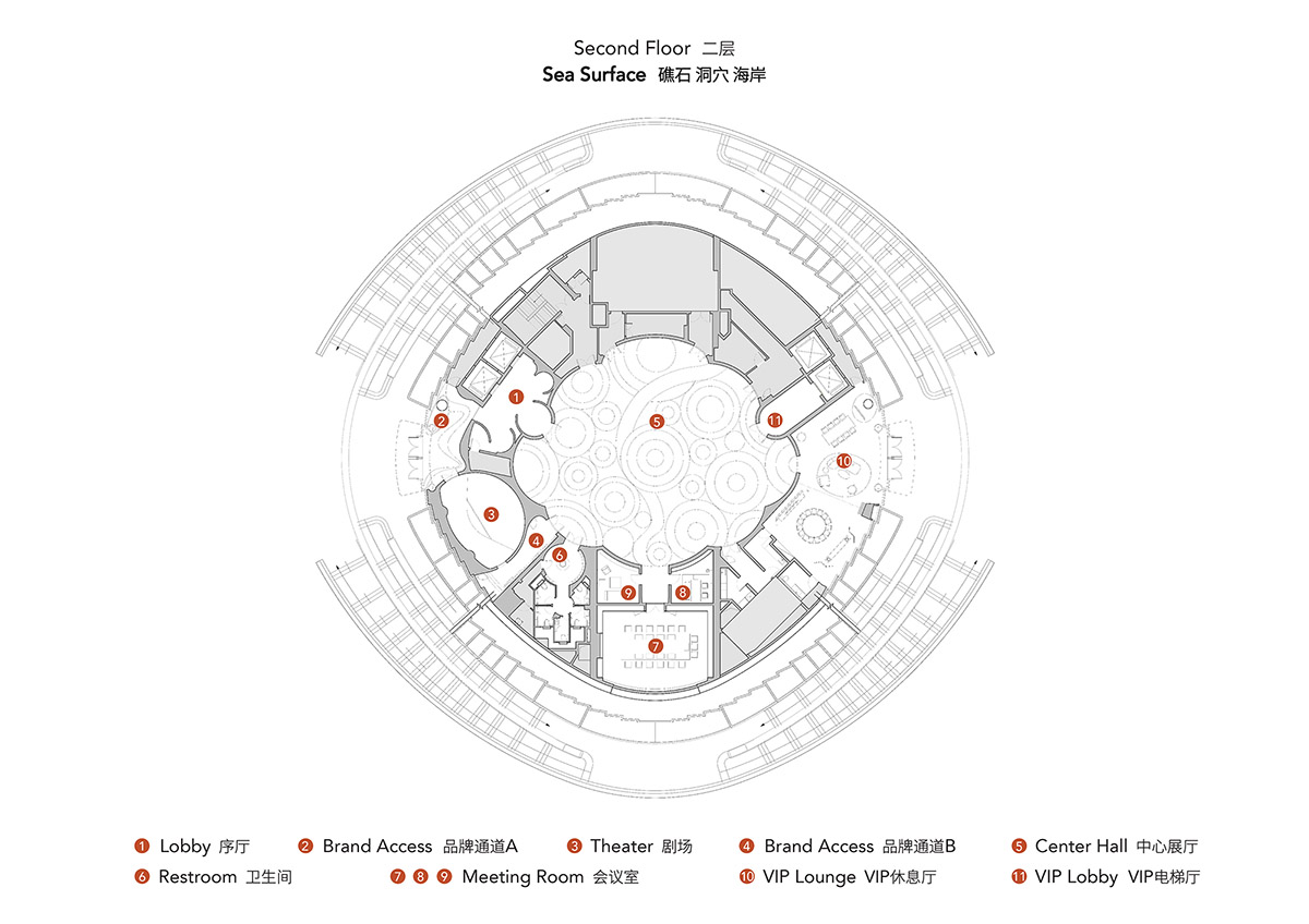 Undulating lines and expansive waves define interior of Orbit public exhibition hall in Shanghai 
