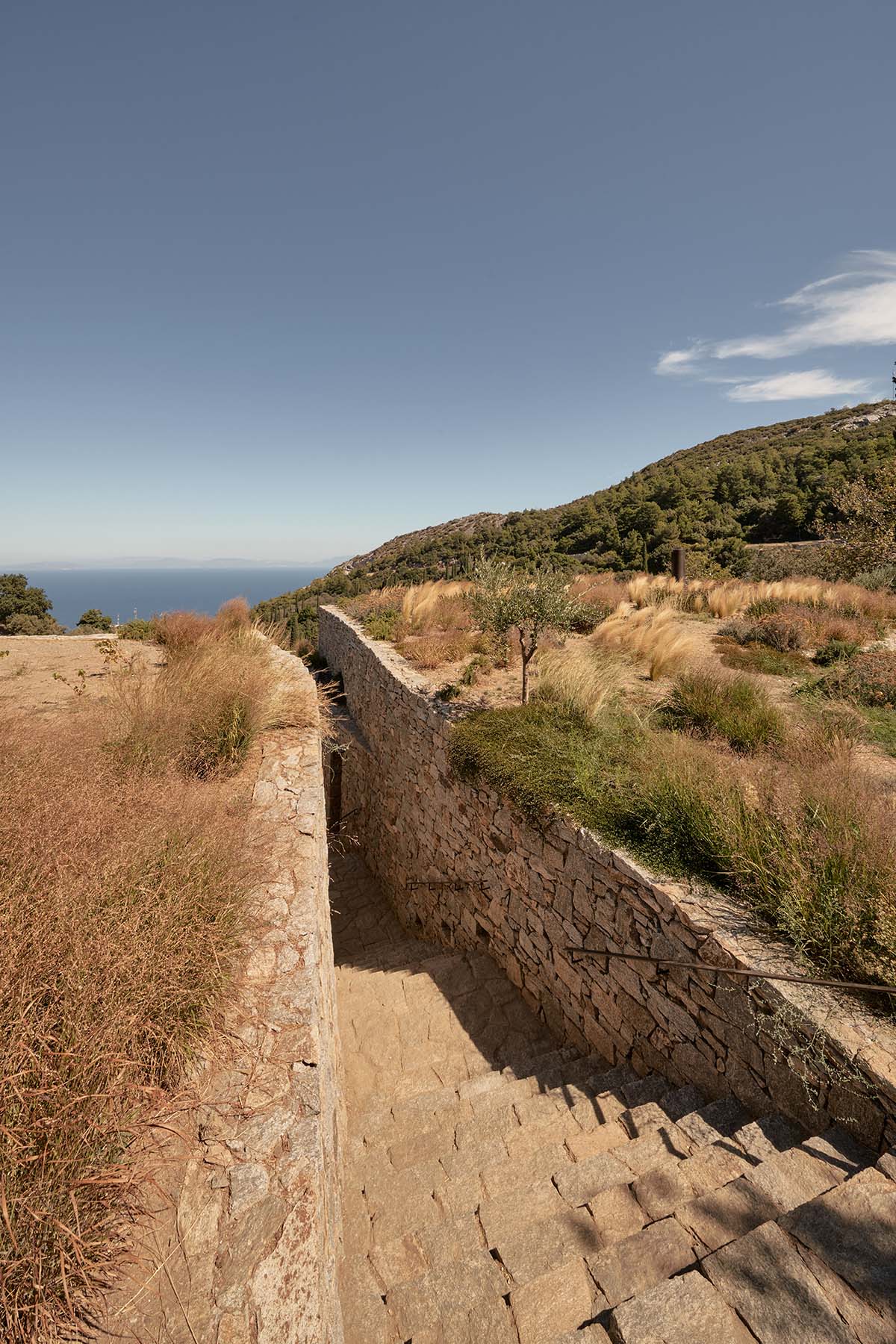 Terraced stonewalls sprawl down to offer an exploratory route in an old vineyard in Samos
