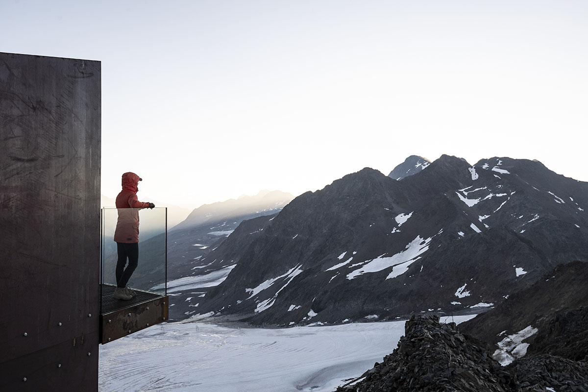 noa* network of architecture built corten steel viewing platform on the Schnals Valley Glacier ridge