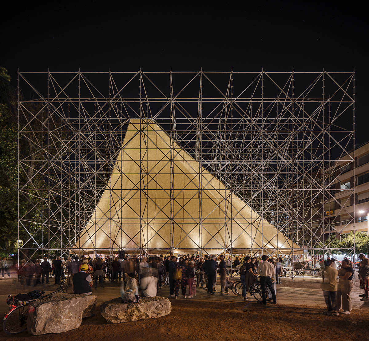Aire Pavilion wrapped by giant scaffolding represents 