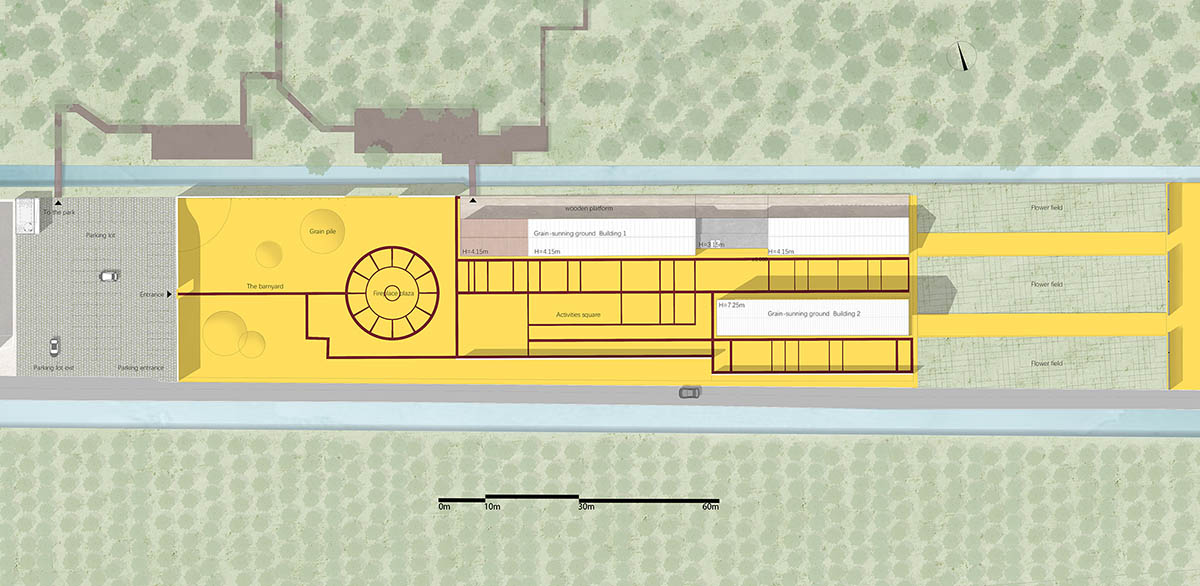 Wutopia Lab converts abandoned barnyard into a golden yellow field resembling a frozen harvest time