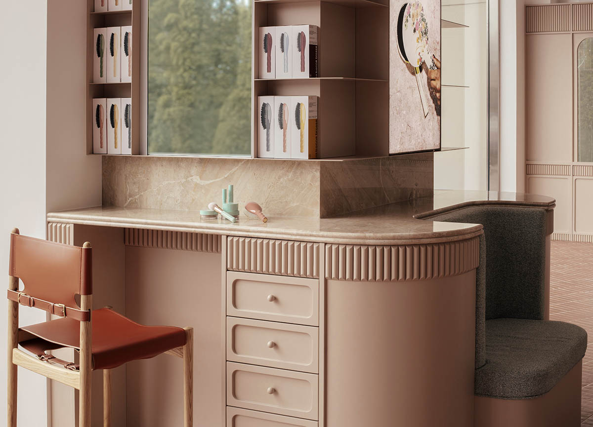 Odami enriches the interiors of a beauty shop with rounded, bevelled details, and pinkish hues