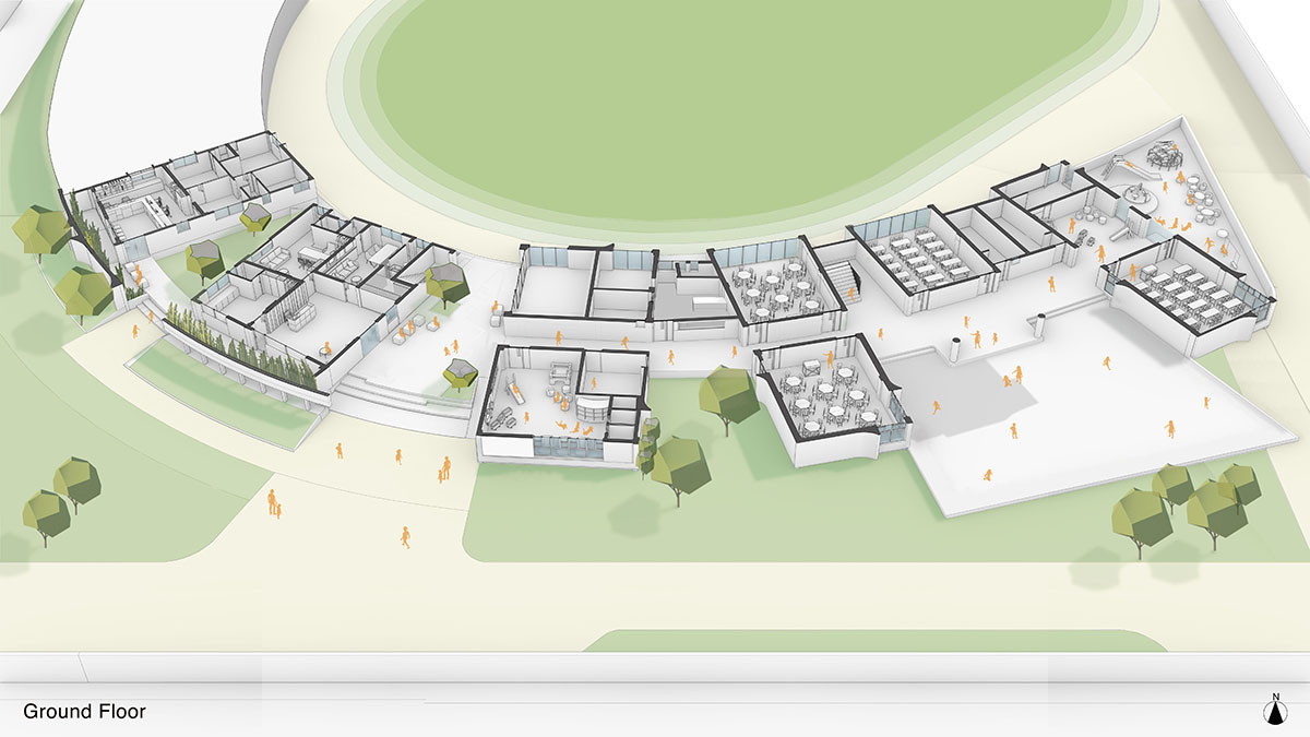 Kamat & Rozario Architecture built school with fortress-like blank walls and colored bridges