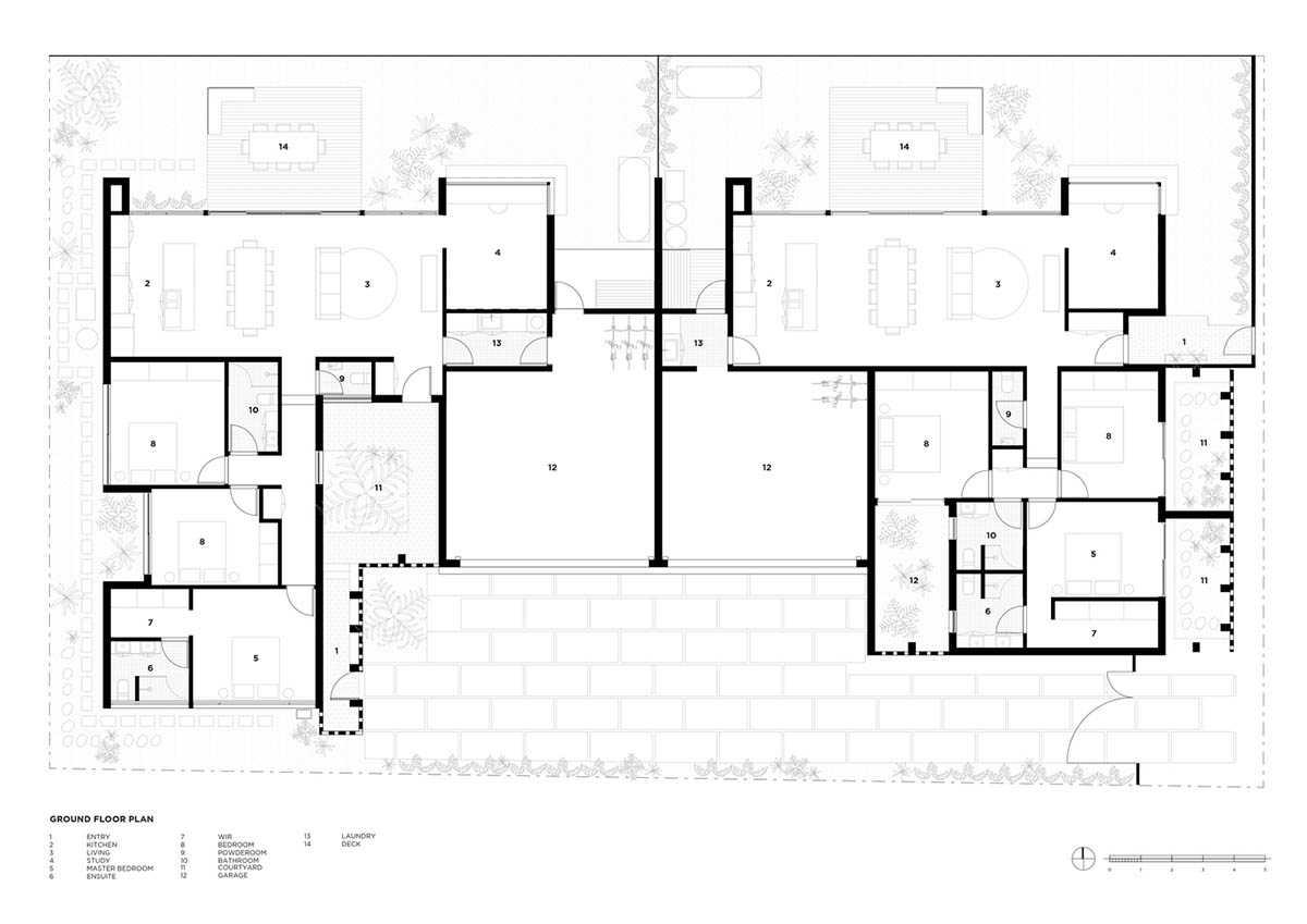 Recycled brick screens wrapping these two dwellings help thermal comfort in a suburb of Australia