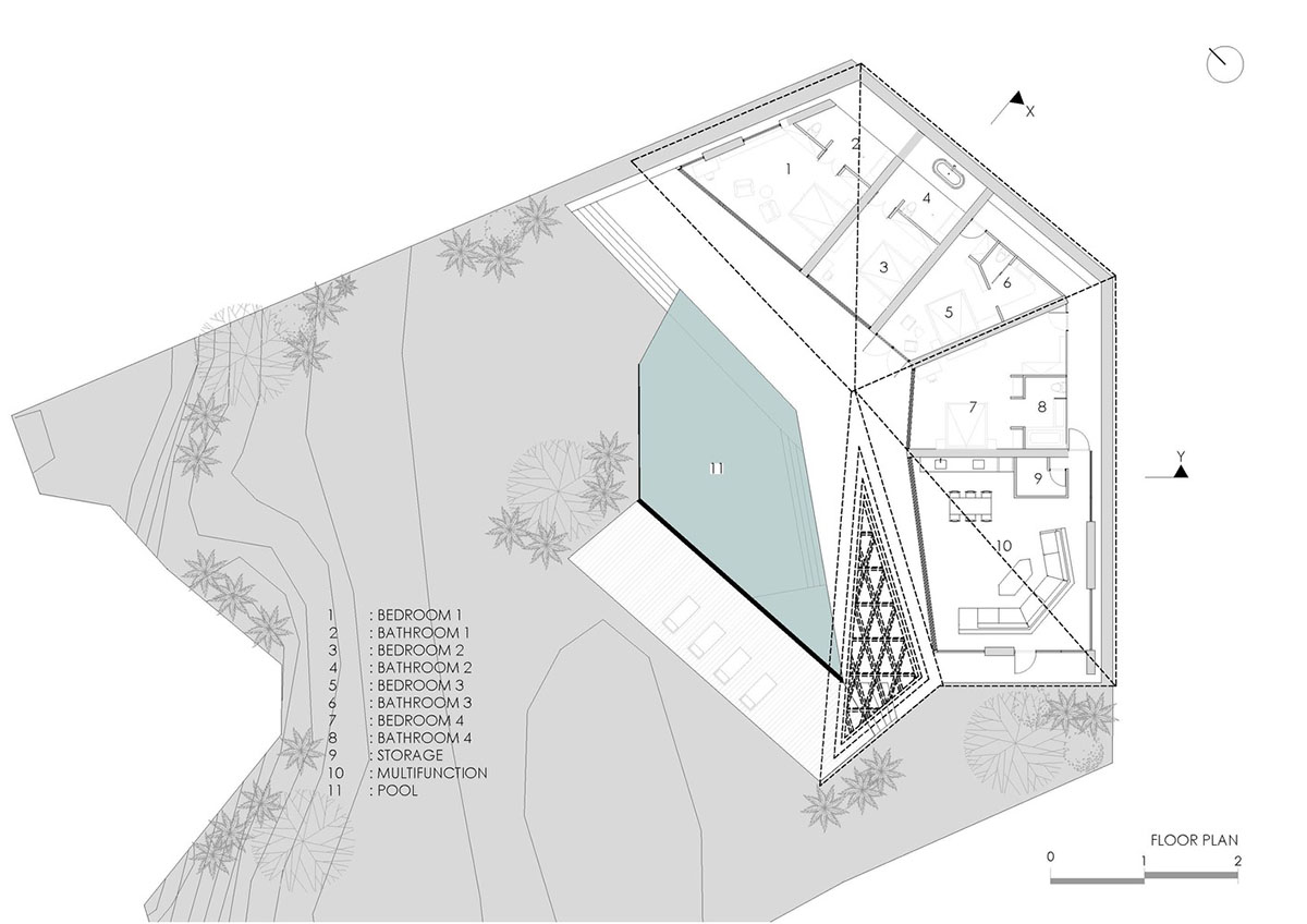 Giant sloping polygonal shading element marks Alexis Dornier's House Carbon in Bali