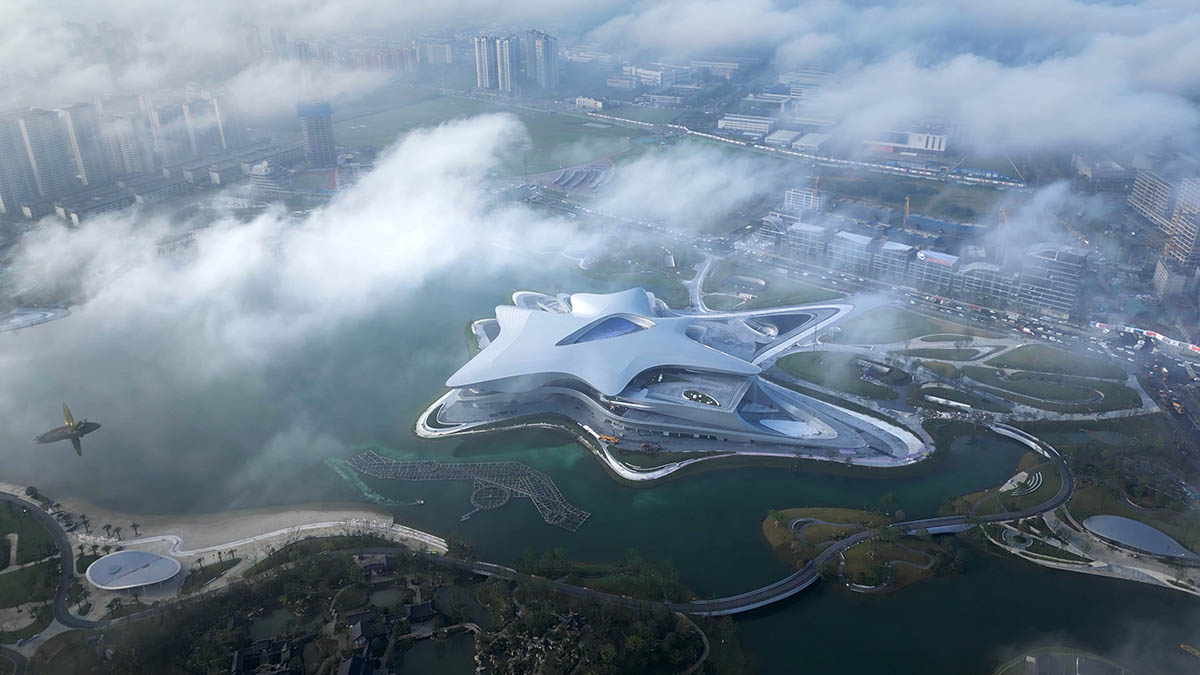 Science fiction museum by ZHA features a fluid roof mimicking a