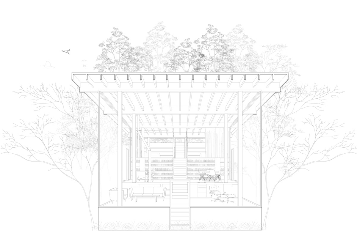 Two bold concrete platforms define this transparent library house by Atelier Branco Arquitetura