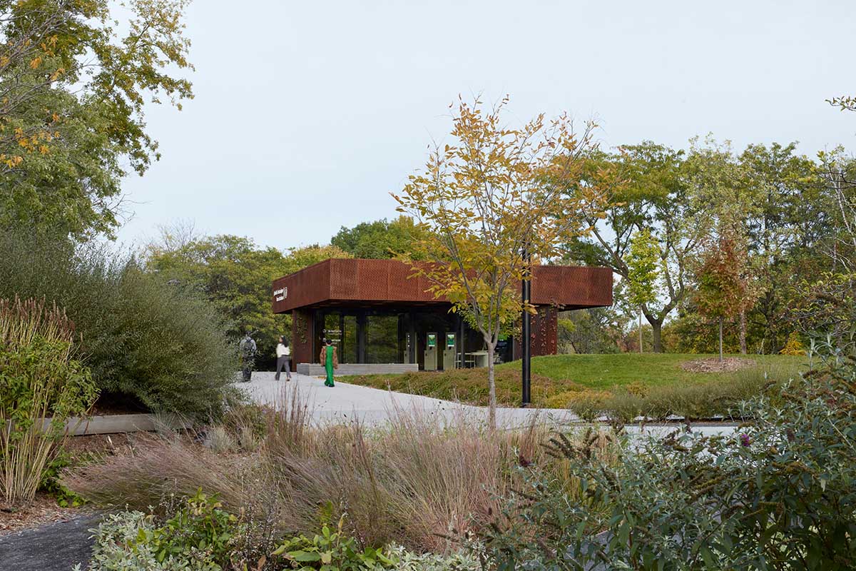 Corten steel pavilion by Pelletier de Fontenay plays with two geometries in Montreal