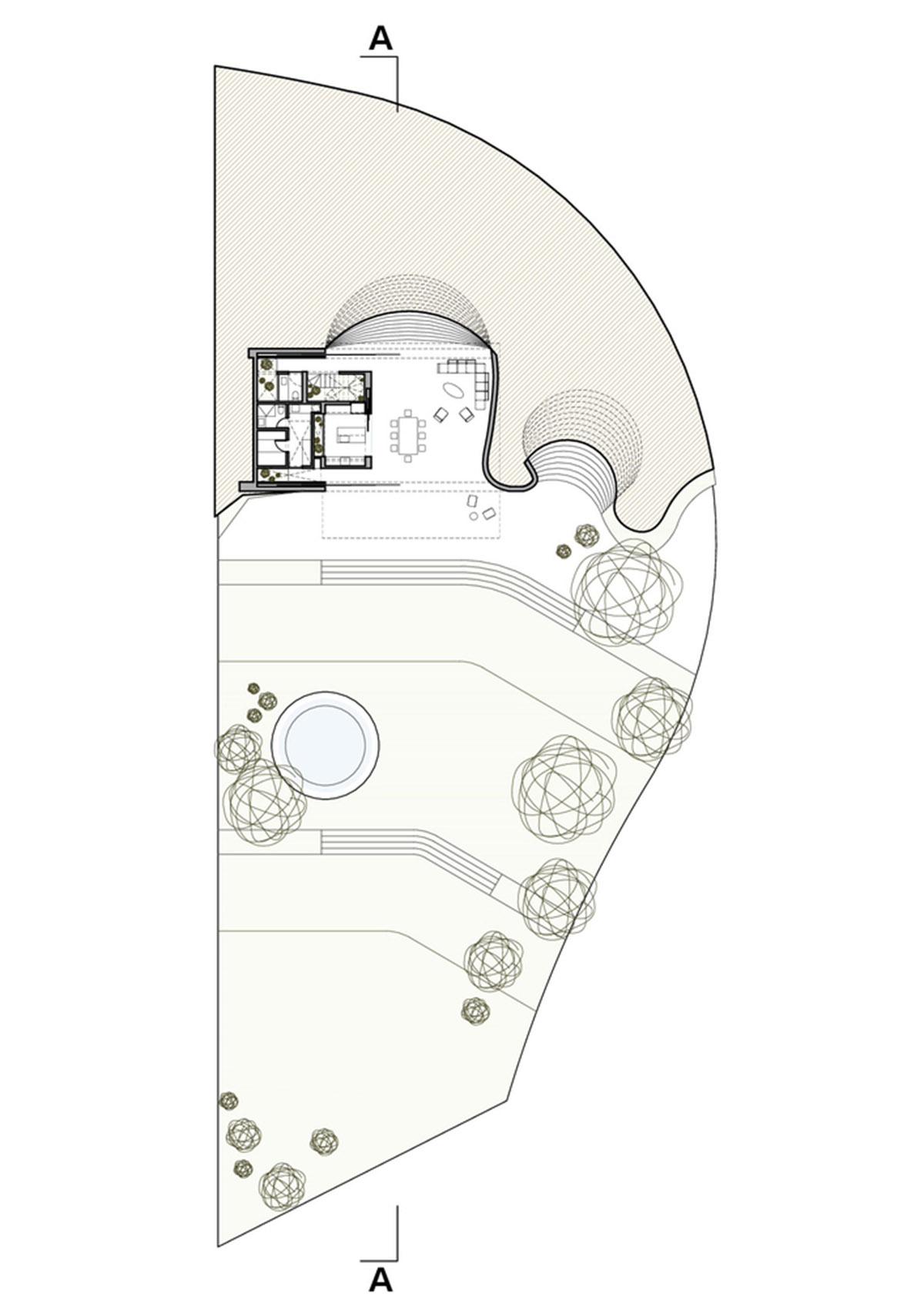 Large semi-buried social space creates a rustic and organic feeling under wooden volume built in Peru