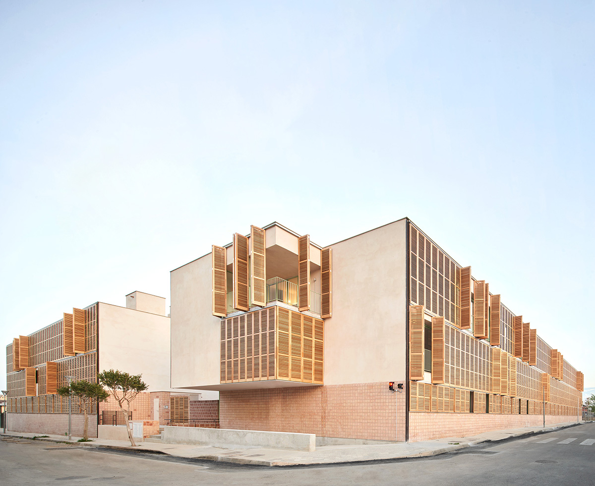 Social housing is characterized by dense wooden shutters in Inca, Spain