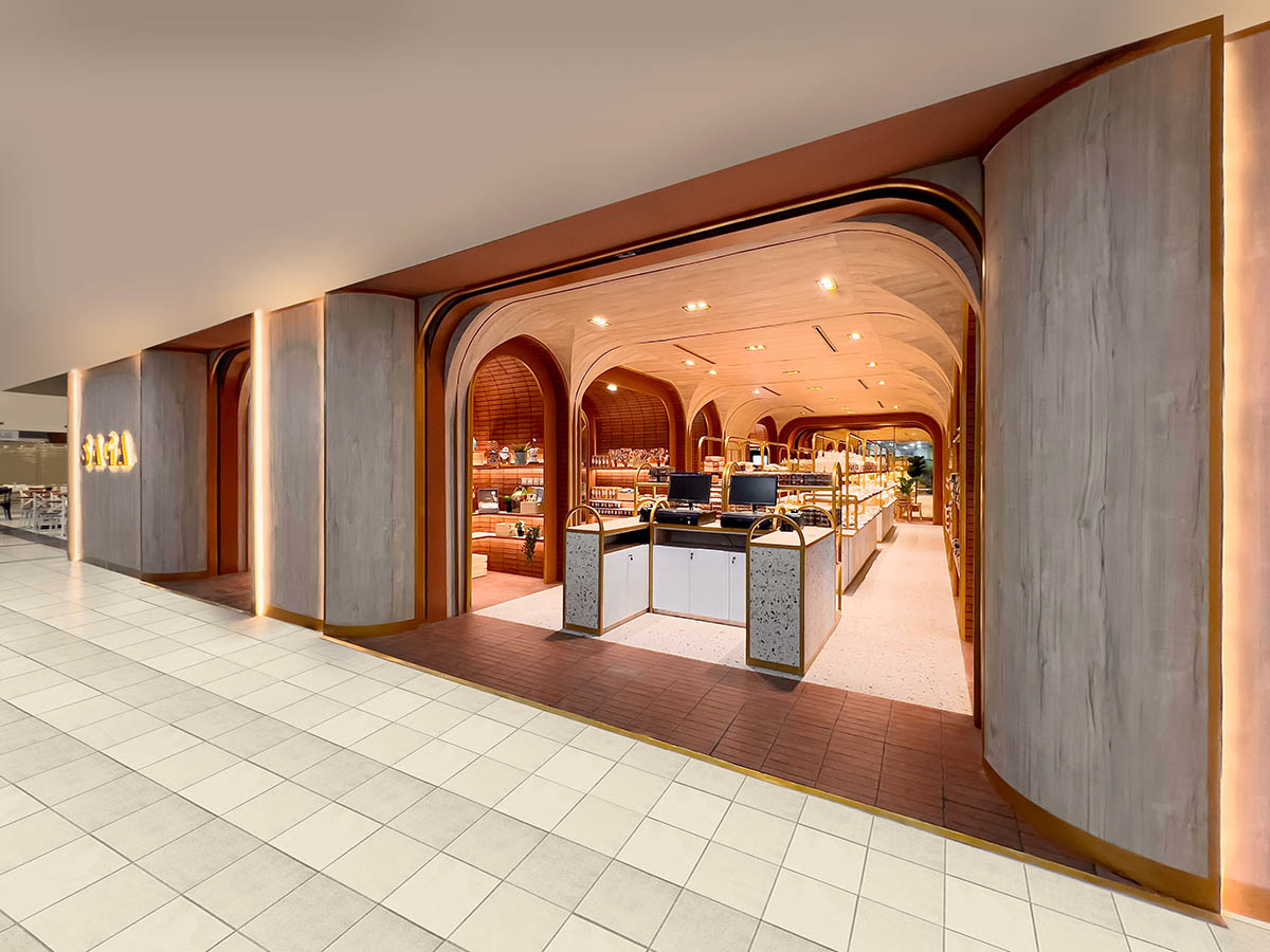 Bakery interior mimics arches and portals with bright red bricks in Papua, Indonesia 