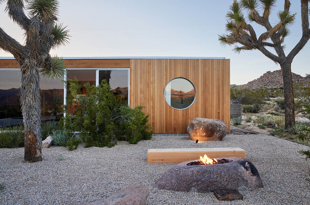 Industry of All Nations built a wooden pavilion in the rugged natural landscape of the Mojave Desert