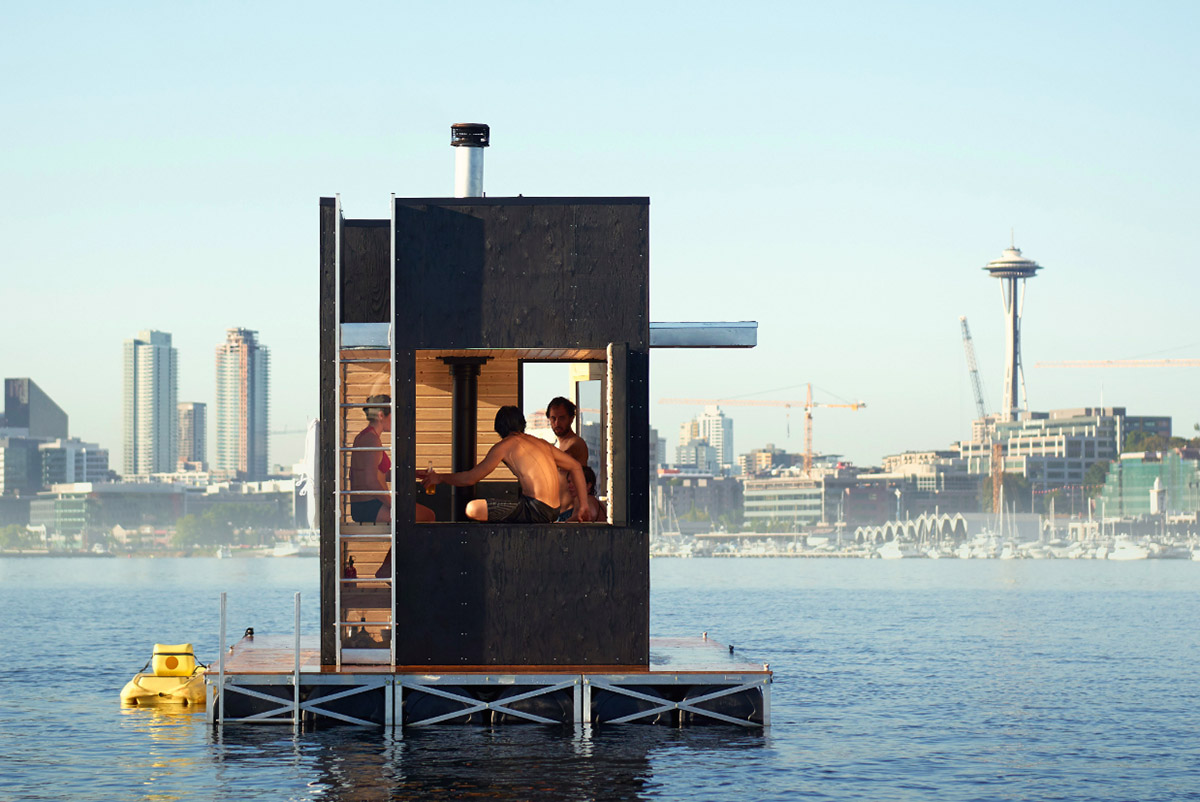goCstudio designed floating mobile sauna overlooking at Seattle’s lakes